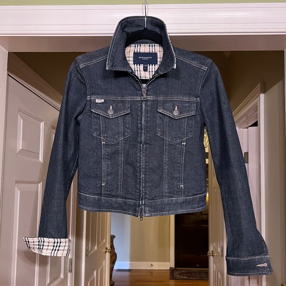 EEUC Women's Burberry London Zip Front Dark Denim Jacket w/ Plaid USA Size 4 - Picture 1 of 8